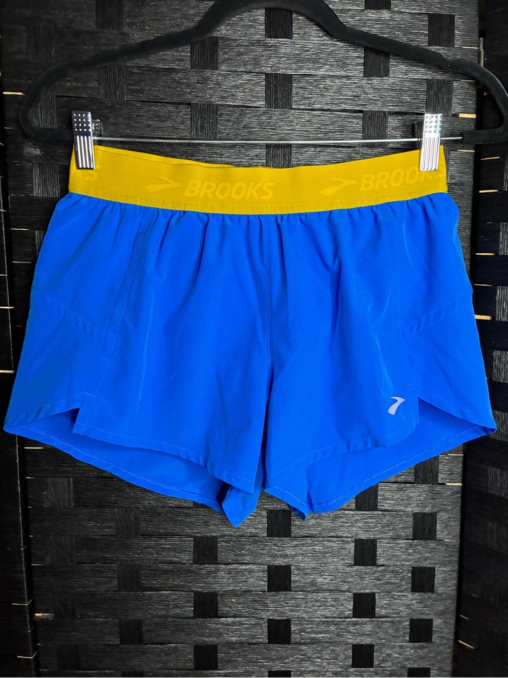 Brooks Royal Blue Running Shorts with Yellow Waistband